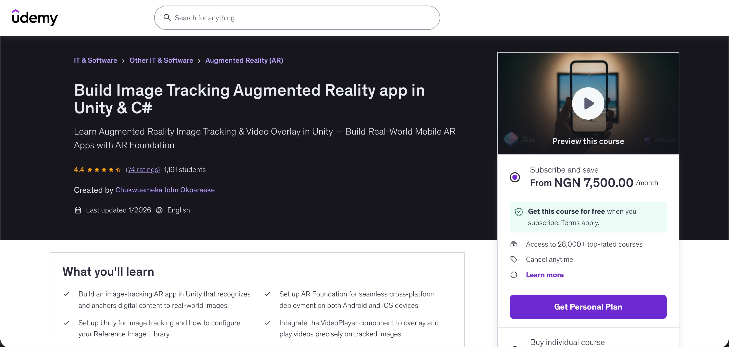 Build Image Tracking Augmented Reality app in Unity & C# Cover